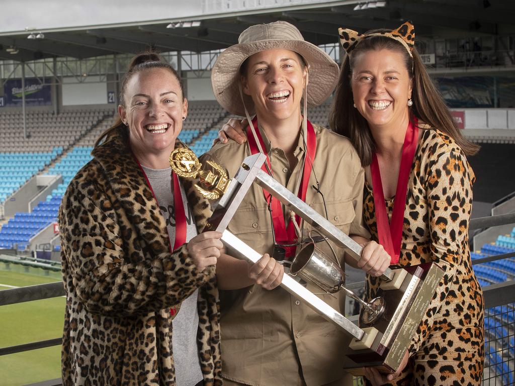 WNCL celebrations by Tassie Tigers players Sarah Coyte, Elyse Villani and Molly Strano in 2023. Picture: Chris Kidd