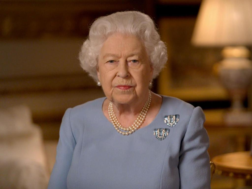 Queen Elizabeth II speaks to the UK to mark the 75th anniversary of Victory in Europe Day, the end of the Second World War in Europe, from Windsor. Picture: BBC Studios Events/AFP