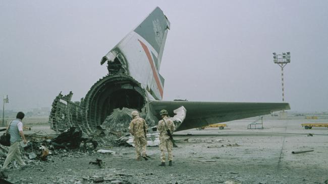 The wreckage of a British Airways Boeing 747-136 at Kuwait City airport, after BA Flight 149 was detained in Kuwait during the Gulf War in 1991. Picture: Getty