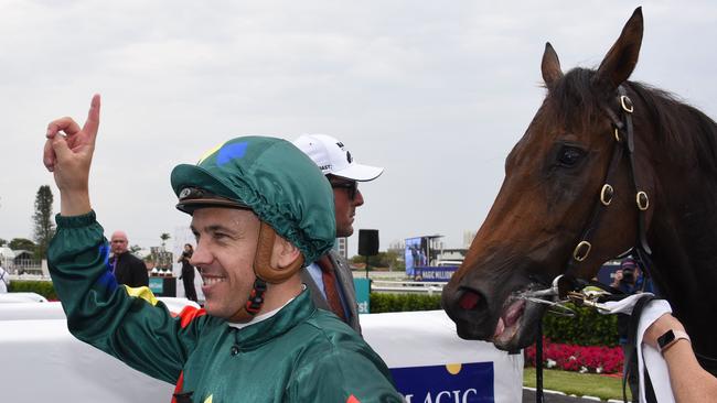 Jockey Ryan Maloney celebrates Alligator Blood’s win. Photo: Steve Holland