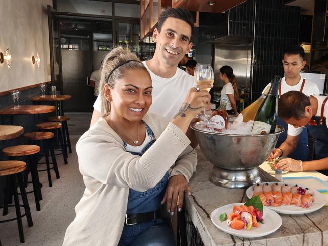 Eska Sashimi and Oyster Bar say their opening weekend in one of the Gold Coast's most popular dining precincts was a "huge success". Tobias Diamandopoulous and Rosalind Pinto toast their success. Picture Glenn Hampson