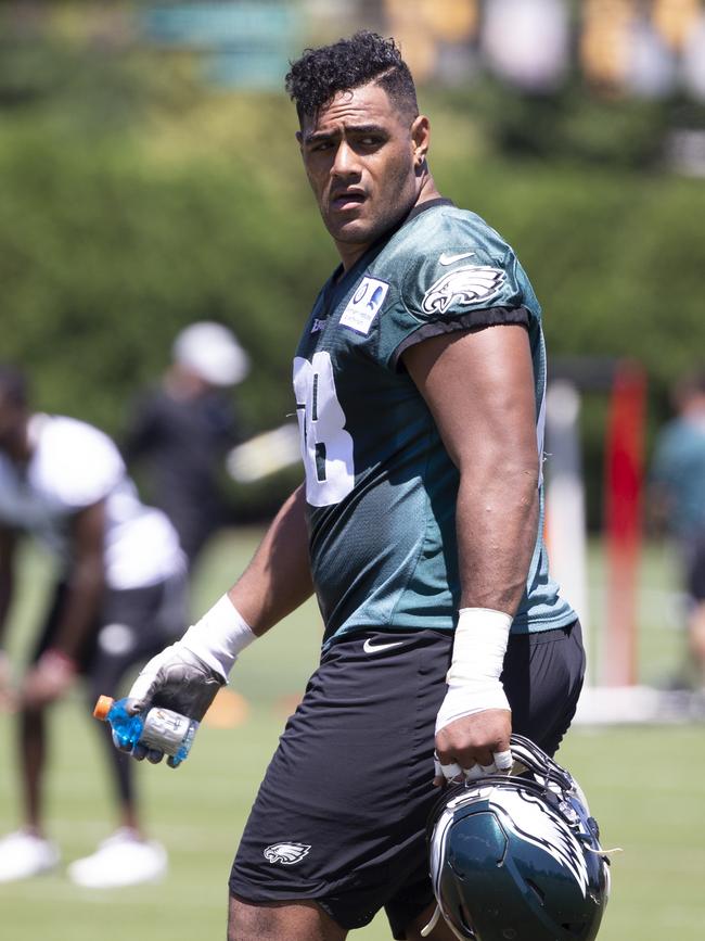 Mailata training in his first year with the Philadelphia Eagles. Picture: Mitchell Leff/Getty Images