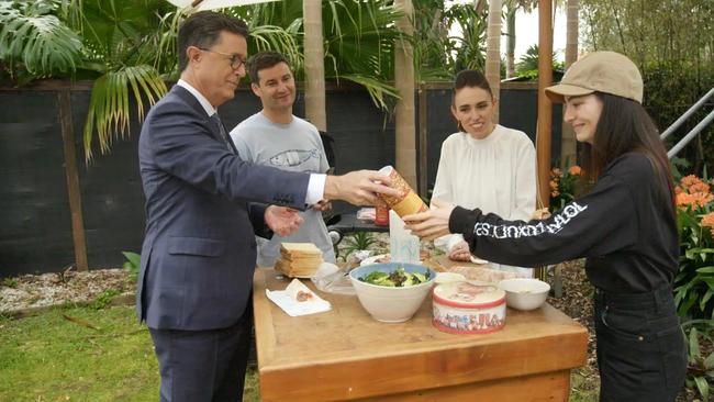 Stephen Colbert, Clarke Gayford, Jacinda Ardern, and Lorde on The Late Show with Stephen Colbert, November 2019. Picture: CBS