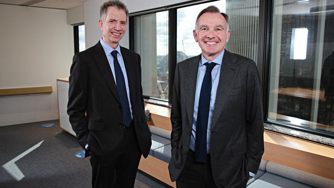 The newly formed Australian Retirement Trust’s investment boss Ian Patrick, left, and chief executive Bernard Reilly. Picture: Adam Yip