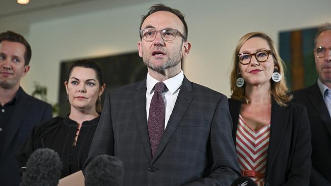 Leader of the Australian Greens Adam Bandt, Senator Sarah Hanson-Young, Senator Larissa Waters, Senator Nick McKim and Max Chandler-Mather MP hold a press conference at Parliament House in Canberra.