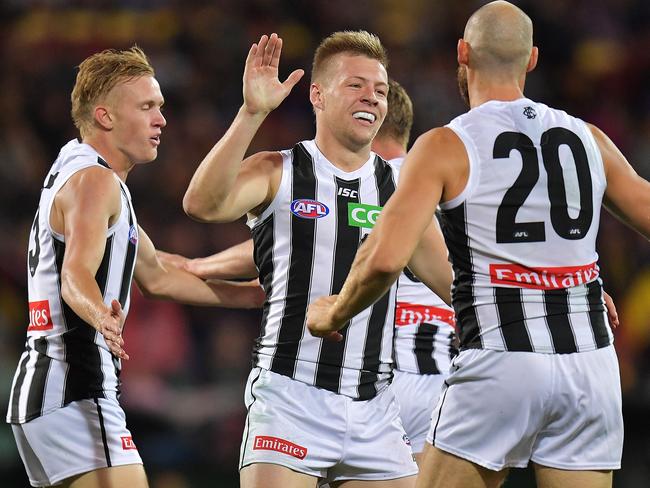 Collingwood’s Jordan De Goey celebrates in Friday’s match against the Crows at Adelaide Oval. Photo: Daniel Kalisz/Getty Images