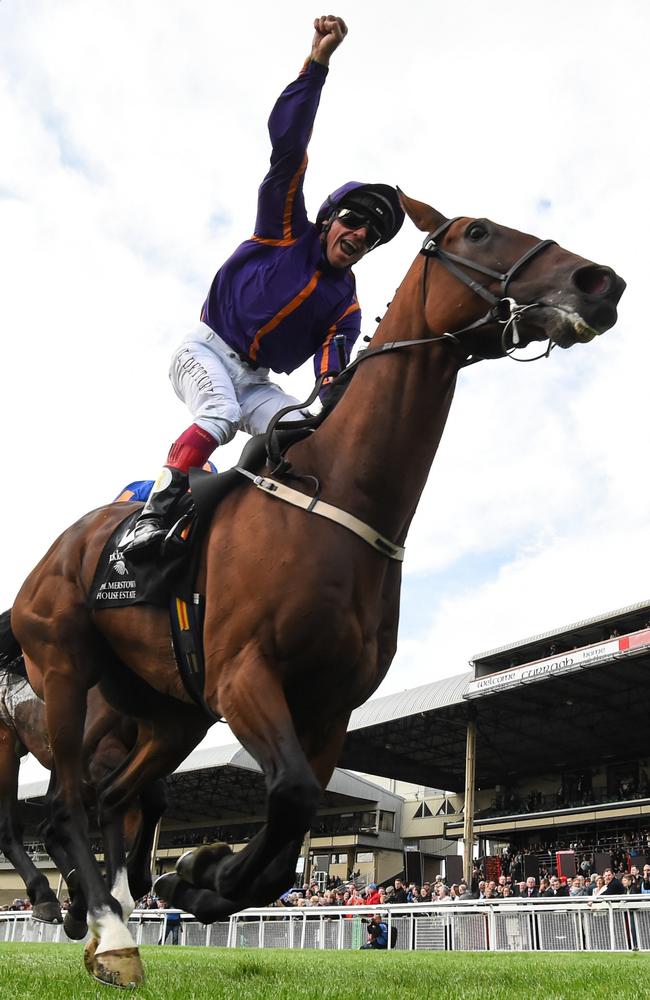 Frankie Dettori celebrates winning the Irish St Leger on Wicklow Brave in September. Picture: Getty Images