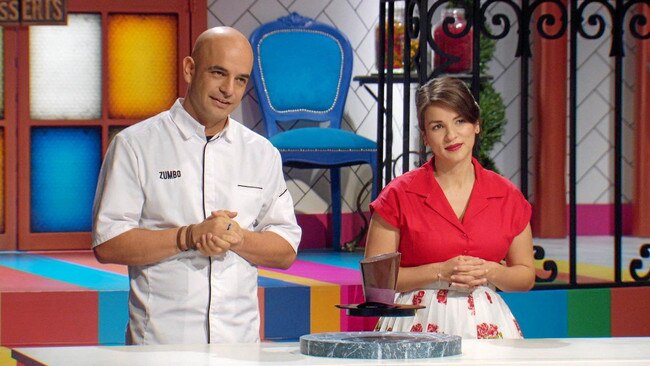 Adriano Zumbo and Rachel Khoo with Zumbo's floating dessert in a scene from the TV series Zumbo's Just Desserts. Supplied by Channel 7.