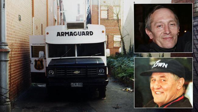 Graham “The Munster” Kinniburgh, bottom right, and son Brent Kinniburgh. The robbed Armaguard van in which John Johnston was part of the escort.