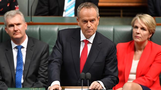 Leader of the Opposition Bill Shorten delivering Labor’s 2019-20 Federal Budget Reply speech... minus some important costings. Picture: AAP/Mick Tsikas