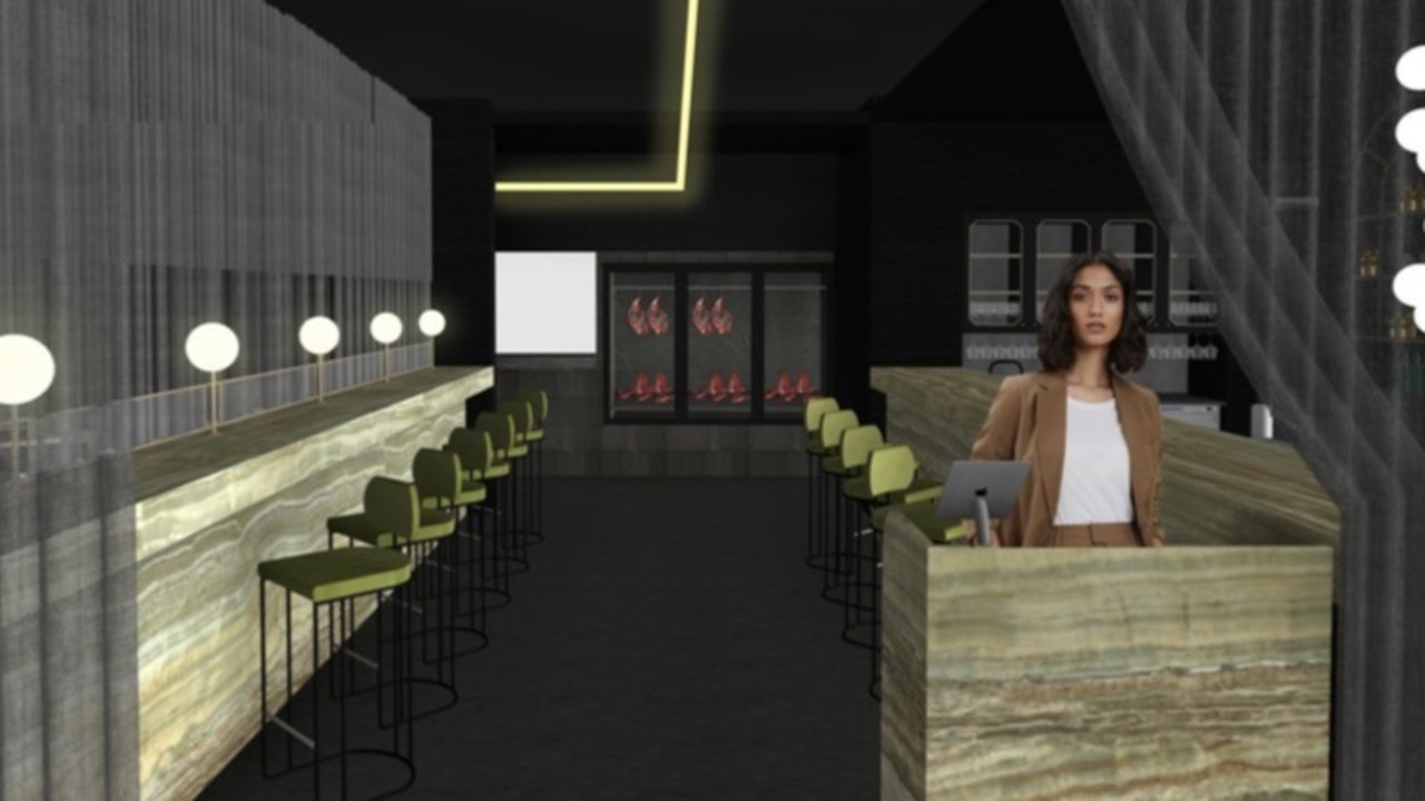 An artist’s impression of the entry to BOS, the restaurant, including high table dining and a dry-ageing meat cabinet.