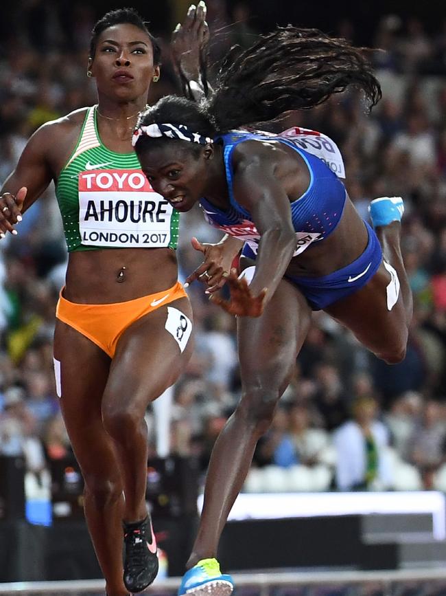 US athlete Tori Bowie (R) wins the final of the women’s 100m athletics event at the 2017 IAAF World Championships at the London Stadium in London on August 6, 2017. Picture: AFP PHOTO