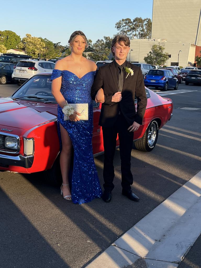 Sienna Cunnington and Jack Maloney arrive at the Aldridge State High School formal.