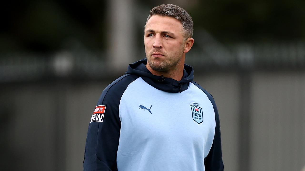 SYDNEY, AUSTRALIA - JUNE 05: Sam Burgess looks on during a New South Wales Blues State of Origin squad training session at Ignite HQ Centre of Excellence on June 05, 2022 in Sydney, Australia. (Photo by Matt King/Getty Images)