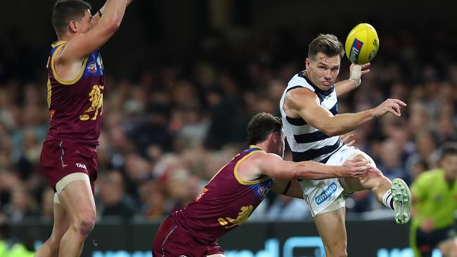 Shaun Higgins’ spot in the Geelong side is again under threat. Picture: Jono Searle/AFL Photos