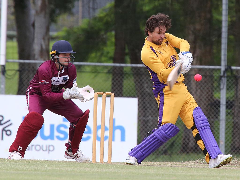 Gold Coast Cricket Kookaburra Cup. Palm Beach Currumbin v Burleigh at Salk Oval. PBC Batsman: Canning Mason, Burleigh Fielder: Jack Adams. Picture: Mike Batterham