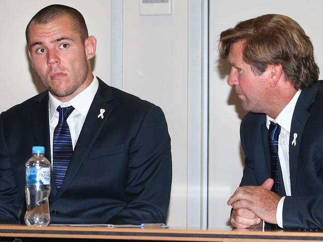 Pictured at the NRL judiciary at Moore Park is Bulldogs player David Klemmer, who is fronting the judiciary for making contact with a referee. Along side David is Bulldogs coach Des Hasler. Picture: Richard Dobson