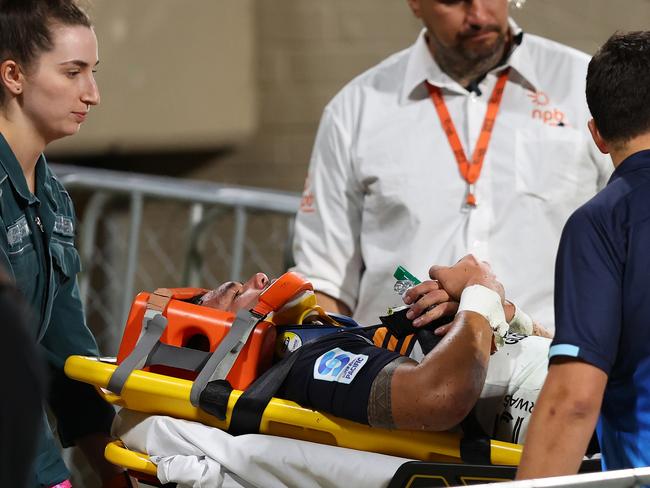 Lolesio being stretchered from the field during the match against Western Force in mid-May. Picture: Paul Kane/Getty Images
