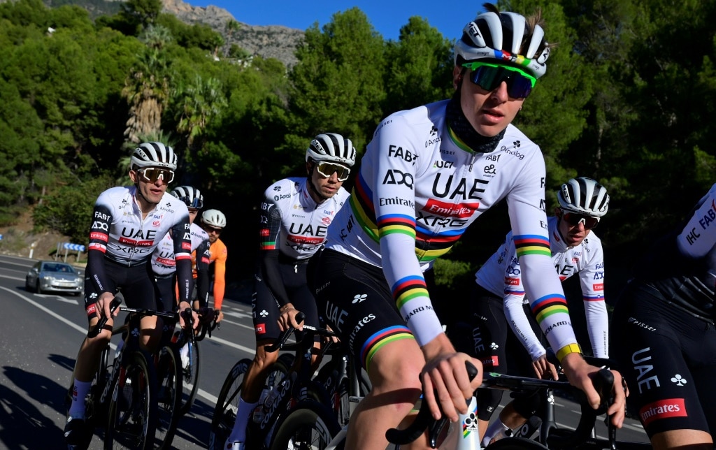 Tadej Pogacar training with his UAE team-mates in the Benidorm region