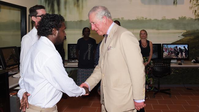 Creative Director of the Mulka Project Ishmael Marika meets with his Royal Highness Prince Charles at Buku-Larrnggay Mulka Centre. Picture: Keri Megelus