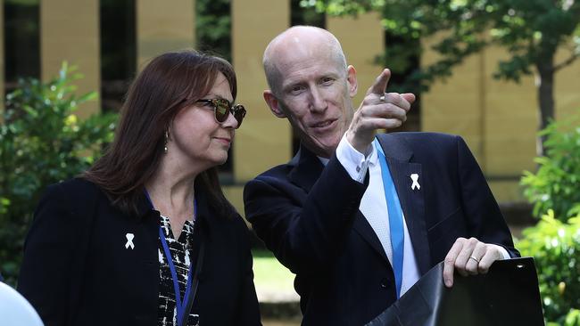 Newly appointed Department of Premier and Cabinet secretary Jenny Gale, left, with outgoing DPAC chief Greg Johannes. Picture: LUKE BOWDEN