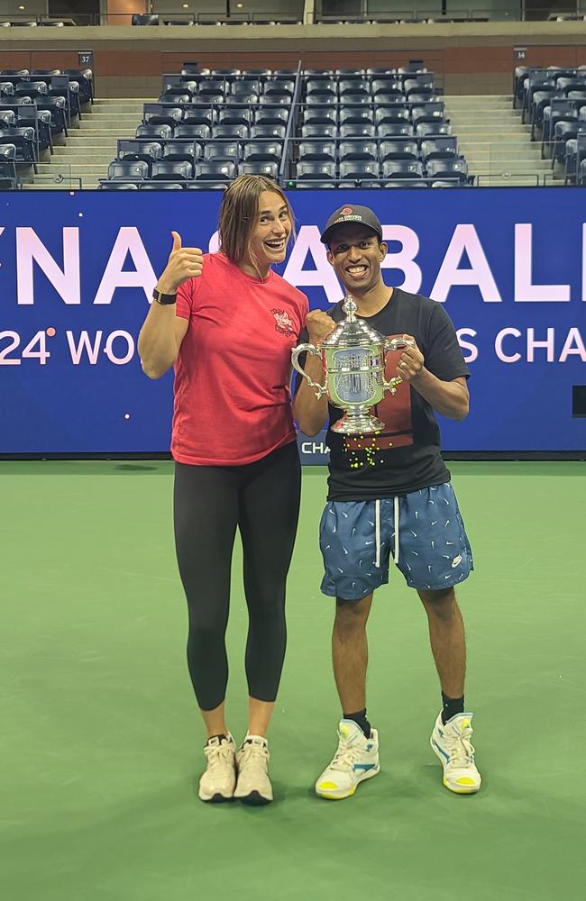 Melbourne data analyst Shane Liyanage with Aryna Sabalenka.