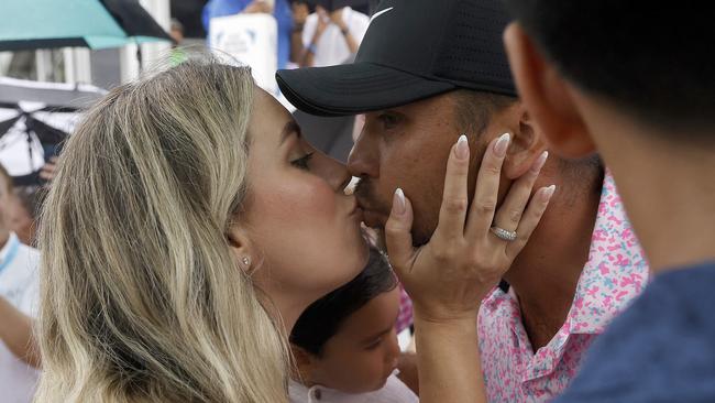 MCKINNEY, TEXAS - MAY 14: Jason Day of Australia and wife Ellie Day celebrate after Day finished his round during the final round of the AT&T Byron Nelson at TPC Craig Ranch on May 14, 2023 in McKinney, Texas. (Photo by Mike Mulholland/Getty Images)