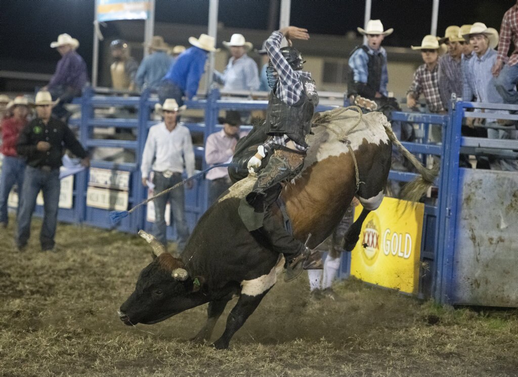 Mick Knight rides in the open bullride at the Lawrence Twilight Rodeo. Picture: Adam Hourigan