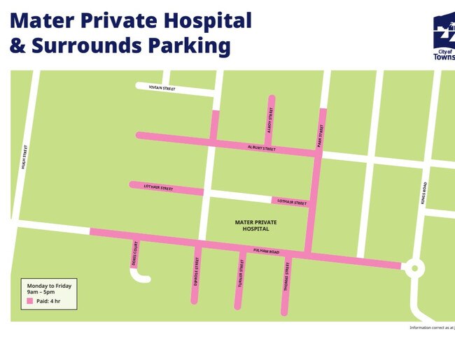 Map of the planned paid parking expansion at Mater Private Hospital and the surrounding area. Picture: TCC.