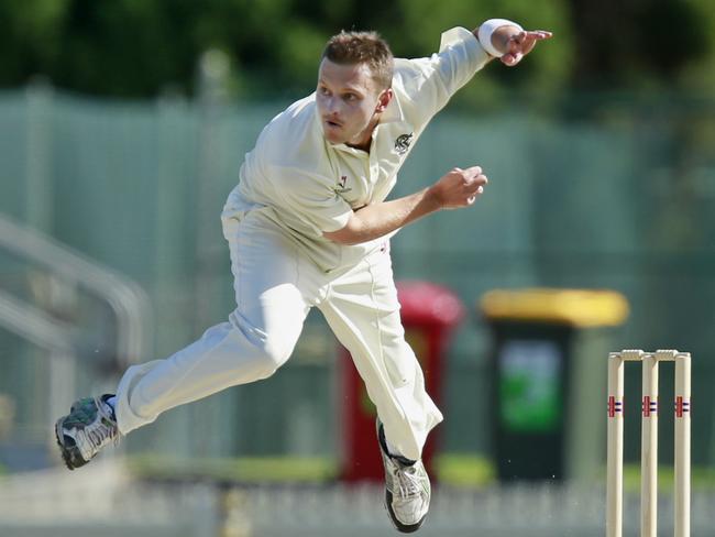 Monash Tigers opening bowler Matt Shimell lets fly in the 2014-15 Premier Cricket grand final against Ringwood. Picture: Valeriu Campan