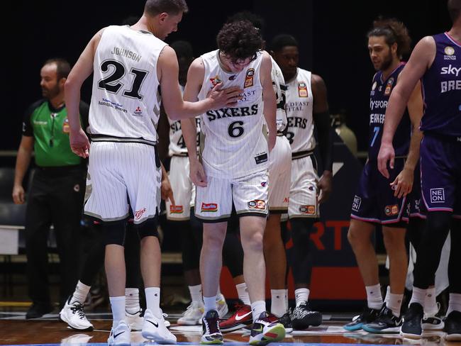 Josh Giddey of the 36ers reacts after falling to the floor during the round 15 NBL match between the New Zealand Breakers and the Adelaide 36ers at Silverdome in Launceston. Photo: Daniel Pockett/Getty Images.