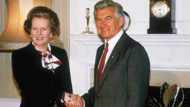 Former British Prime Minister Margaret Thatcher with ex-Australian Prime Minister Bob Hawke in 1986. (Photo by Fox Photos/Hulton Archive/Getty Images)