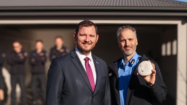 Minister for Police, Fire and Emergency Management Felix Ellis and Tasmania Fire Service community fire safety acting director Chris Collins are urging all Tasmanians to take proactive steps to prevent house fires. Picture: Stephanie Dalton