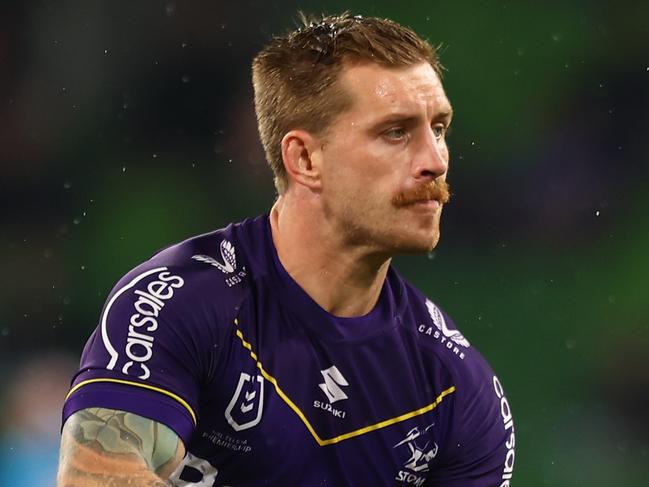 MELBOURNE, AUSTRALIA - APRIL 06:  Cameron Munster of the Storm warms up before the round six NRL match between the Melbourne Storm and Sydney Roosters at AAMI Park on April 06, 2023 in Melbourne, Australia. (Photo by Graham Denholm/Getty Images)