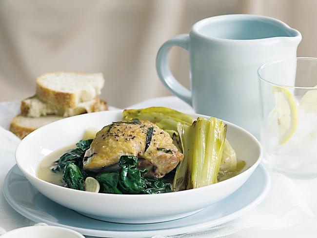 Chicken braised with tarragon, witlof and leeks.