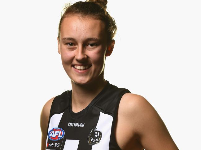 MELBOURNE, AUSTRALIA - OCTOBER 23:  First round draft pick Jordyn Allen of the Magpies poses during the 2018 AFLW Draft at Marvel Stadium on October 23, 2018 in Melbourne, Australia.  (Photo by Quinn Rooney/Getty Images)