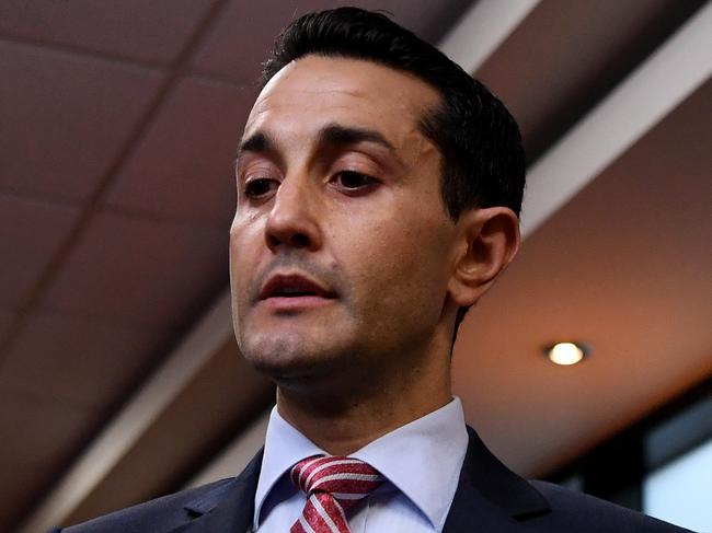 Queensland LNP member for Broadwater David Crisafulli speaks to the media as he arrives for a party room meeting at Parliament House in Brisbane, Monday, June 15, 2020. (AAP Image/Dan Peled) NO ARCHIVING