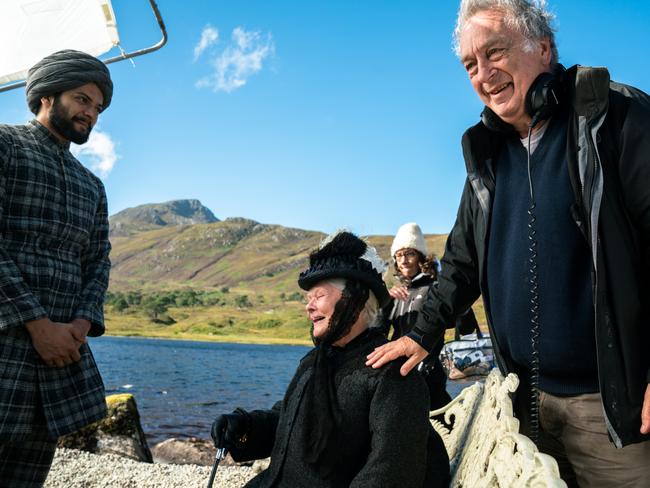 Fazal, Dench and director Stephen Frears on the set of Victoria &amp; Abdul in Scotland. Picture: Universal Pictures