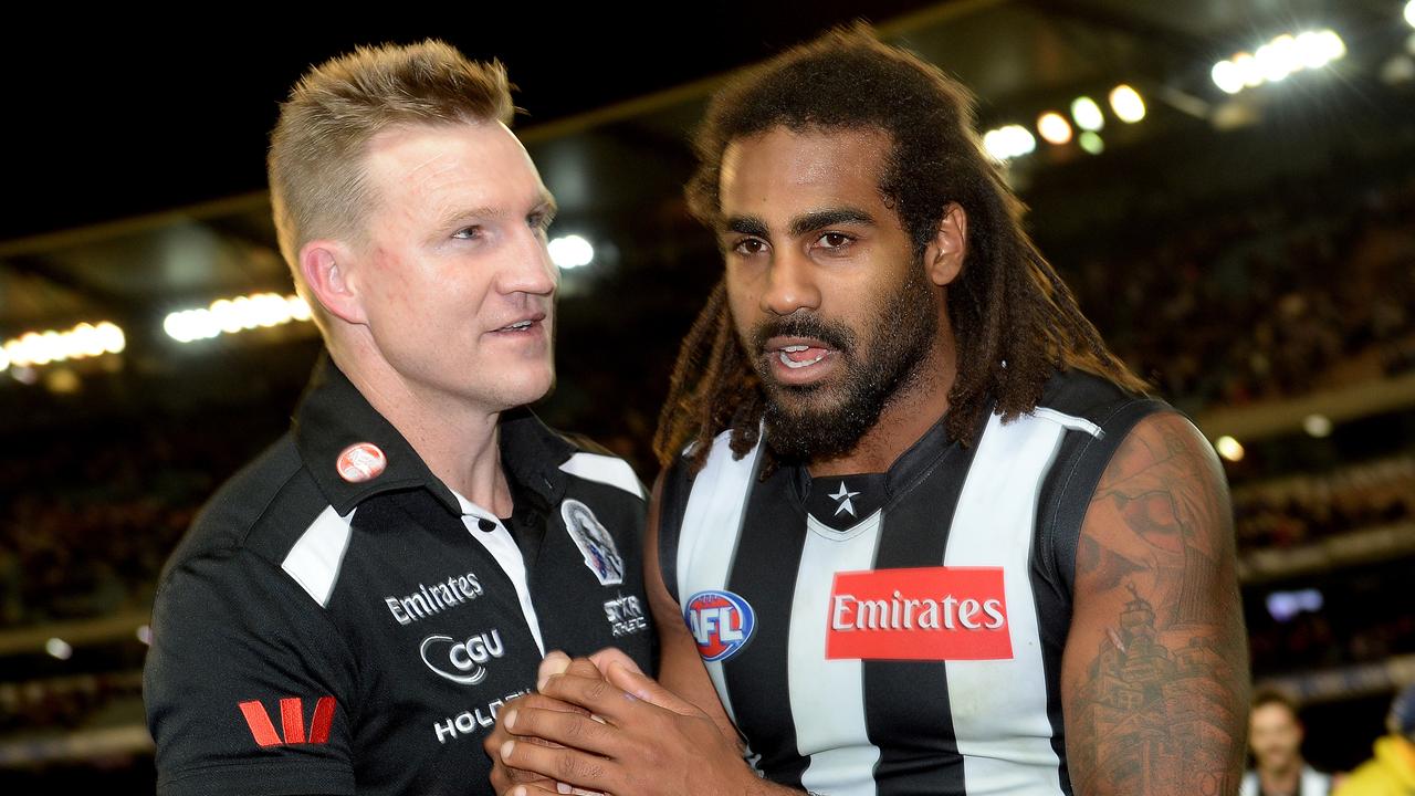 Nathan Buckley and Heritier Lumumba after a win in 2013.