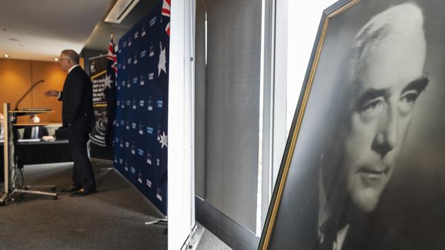 Then prime minister Scott Morrison delivering the 2019 Sir Robert Menzies Lecture in Melbourne. Picture: AAP Image/Daniel Pockett