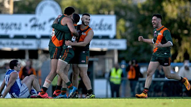 EDFL: Keilor Park players celebrate after the final siren. Picture: Andy Brownbill