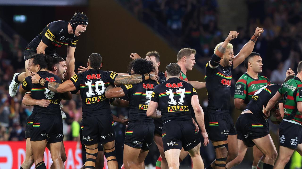 Penrith celebrate winning the 2021 NRL Grand Final against Souths Sydney Rabbitohs at Suncorp Stadium in Brisbane. Pics Adam Head