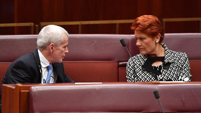 One Nation senator Malcolm Roberts and party leader Pauline Hanson. Picture: AAP