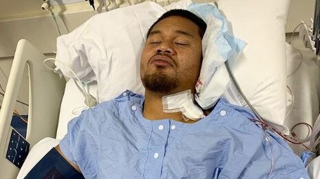 Joey Leilua in hospital after neck surgery.