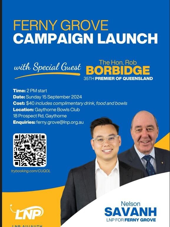 An invitation for LNP candidate Nelson Savanh's campaign launch, with "special guest" former Premier Rob Borbidge. Picture: LinkedIn