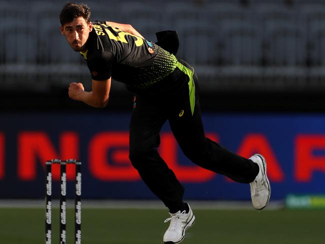 Mitchell Starc bowling for Australia against Pakistan in their T20 clash in Perth. Picture: AAP