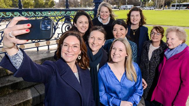 South Australian Liberal Party women’s taskforce members from left: Carolyn Power, Leah Blyth, Nicola Centofanti, Penny Pratt, Jing Lee, Laura Curran, Chelsea Potter, Michelle Lensink and Trish Worth in July 2022. Picture: Brenton Edwards