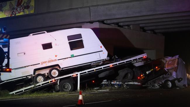 The caravans were also damaged in the twist of metal on the M1. Picture: Jackson Whitney