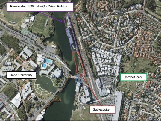 Aerial view of the site of a planned retirement village tower in Robina.