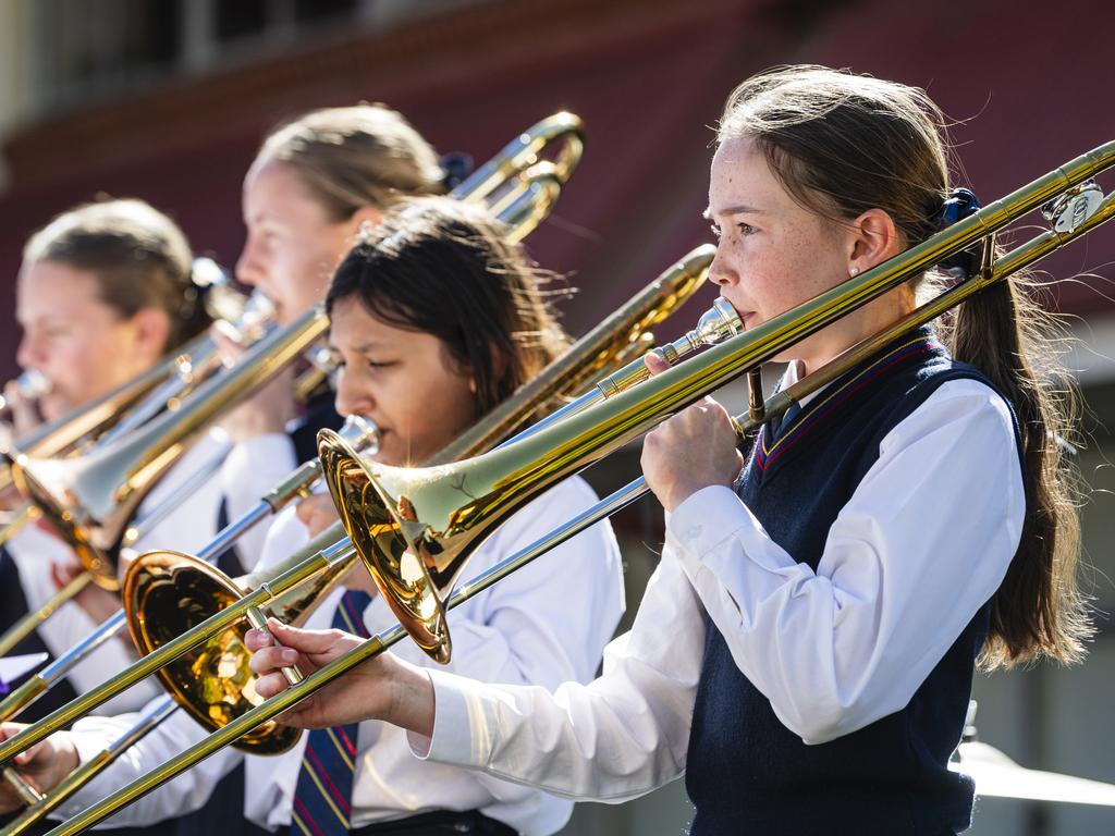 Mabel Hede (right) on stage with The Glennie School big band at Glennie Jazz Fest in the grounds of the school, Sunday, August 18, 2024. Picture: Kevin Farmer